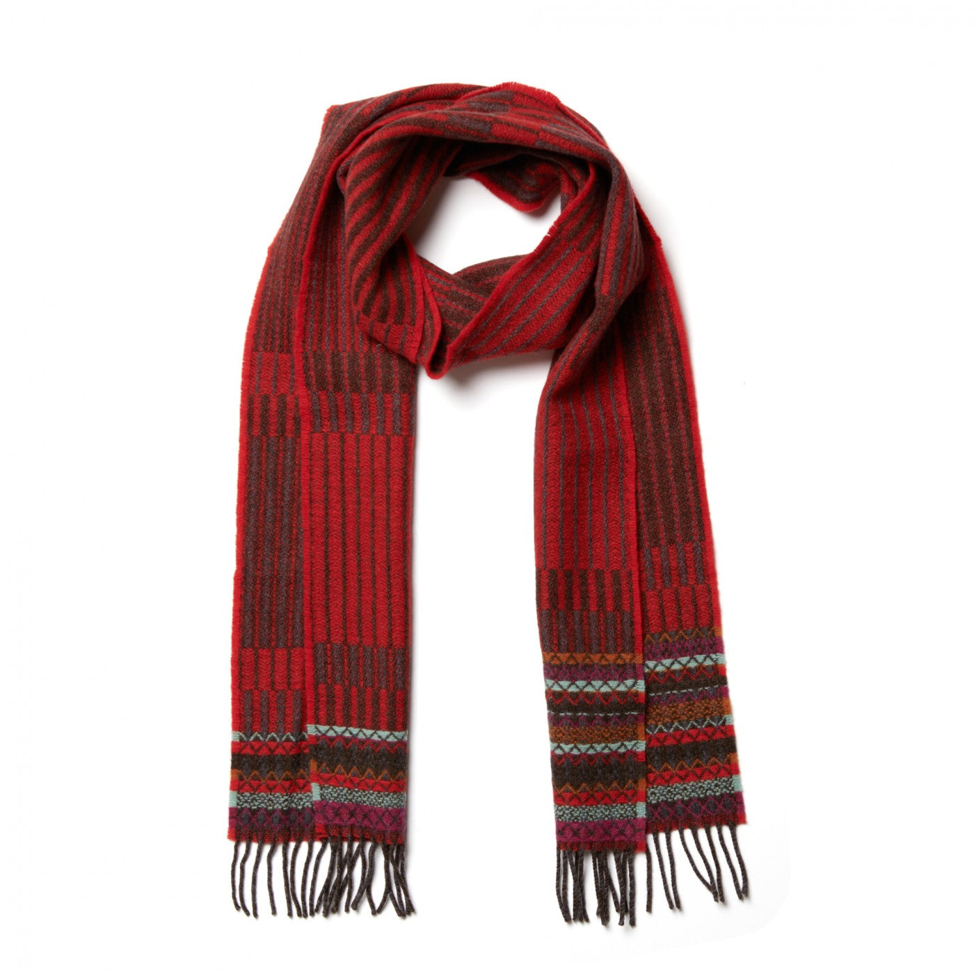 Red wool scarf with dark brown stripes and multicolored woven accents at the ends, finished with dark brown fringe.