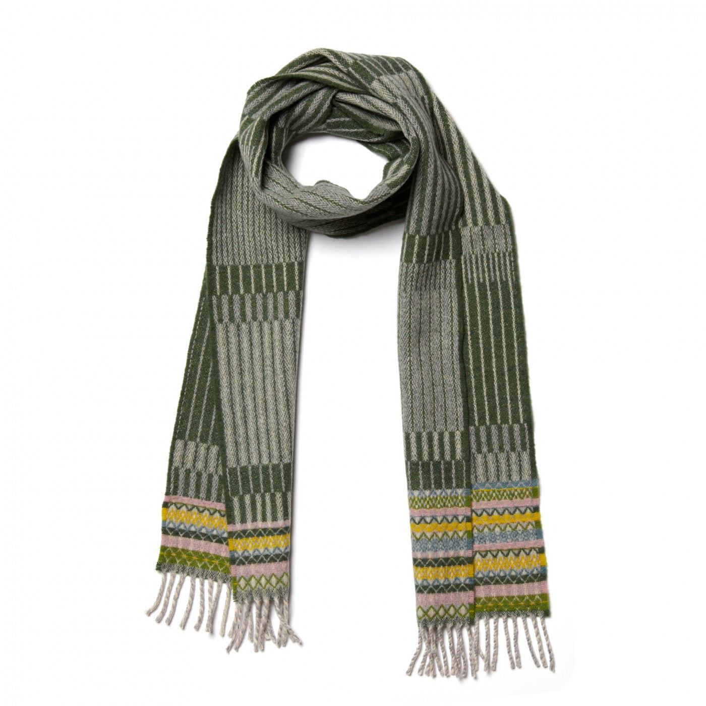 Green wool scarf with a geometric pattern and multicolored fringe.