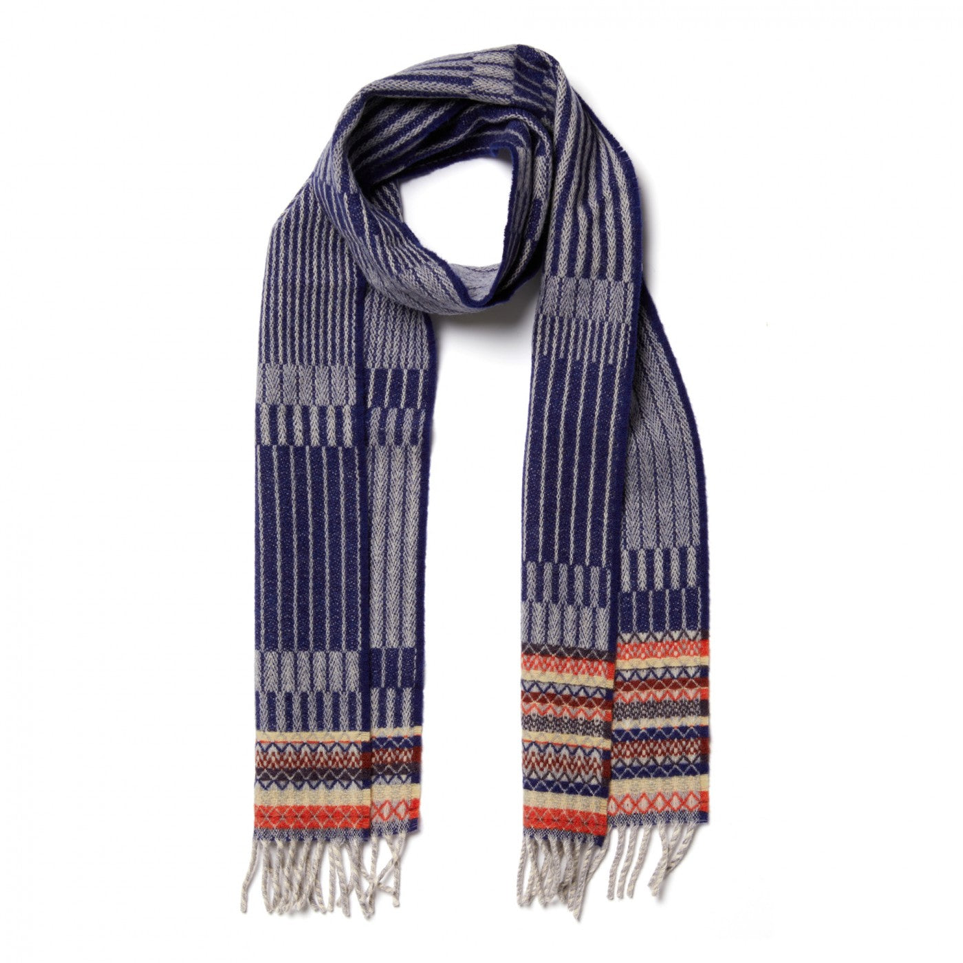 Woven scarf in navy and gray with geometric pattern and multicolored fringe.