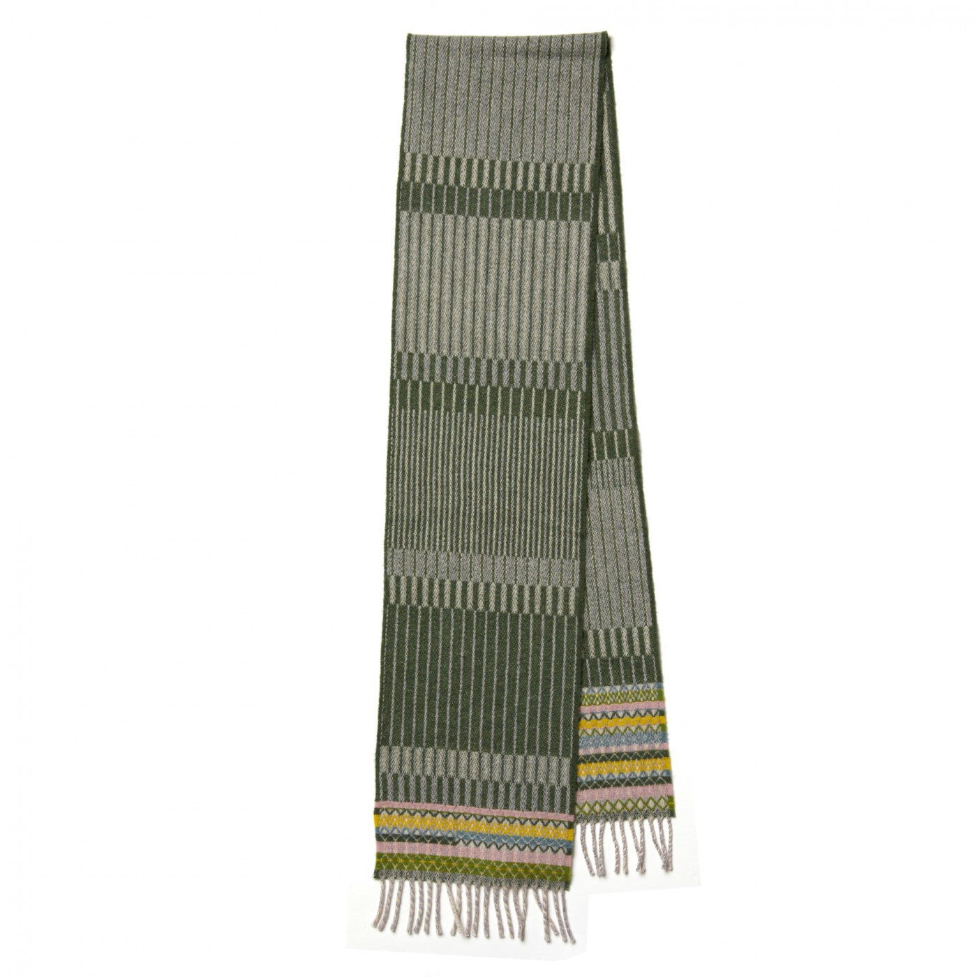 Woven wool scarf in olive green and grey with a geometric pattern and multicolored fringe.