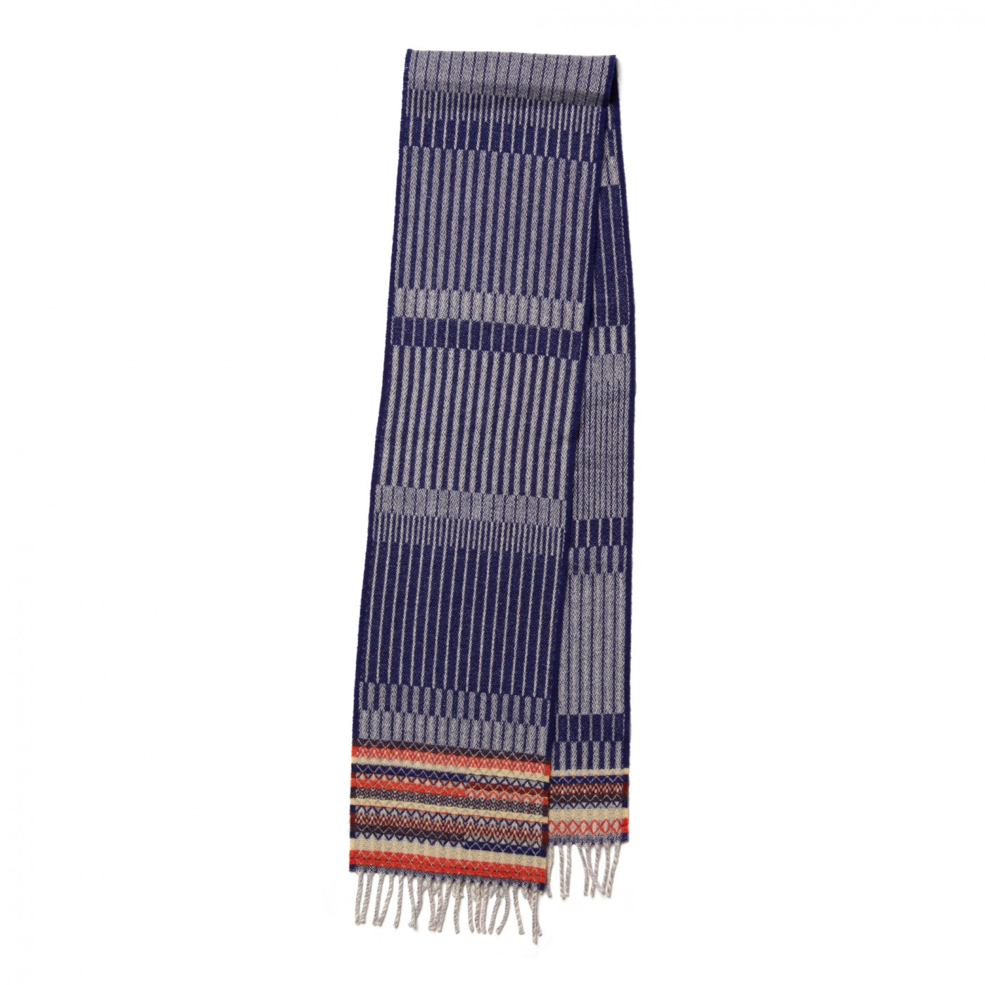 Navy blue and grey striped wool scarf with a multicolored woven border and fringe.