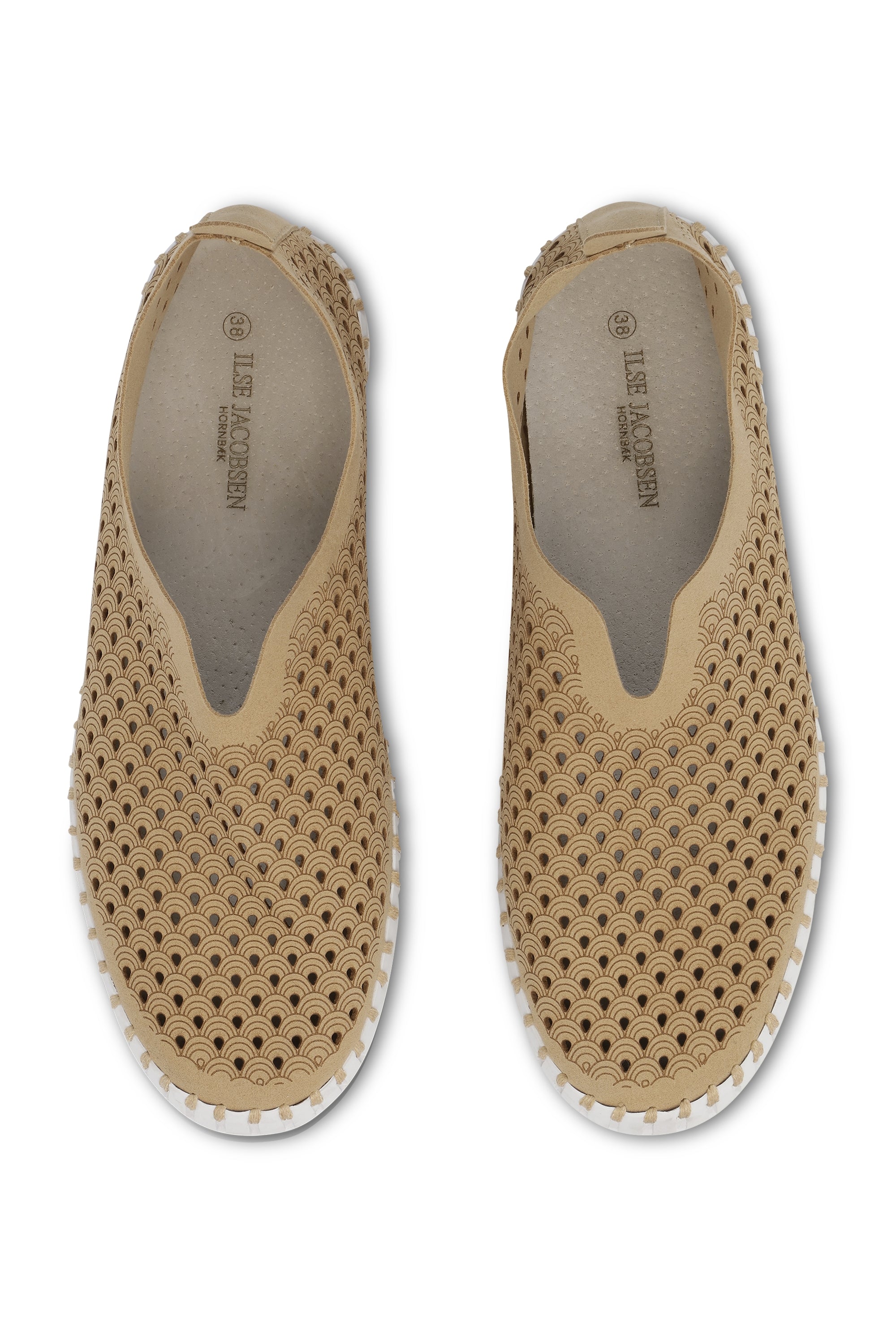 Pair of Ilse Jacobsen Hornbæk beige slip-on shoes with a wave-patterned perforated design and white trim.