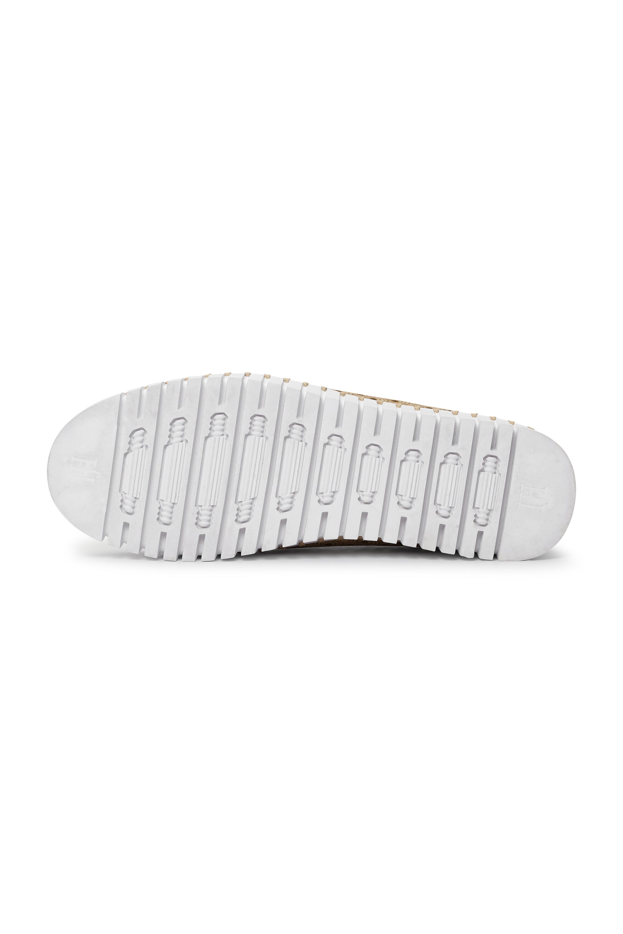 Beige shoe sole with a white, textured tread featuring repeating column-like patterns.