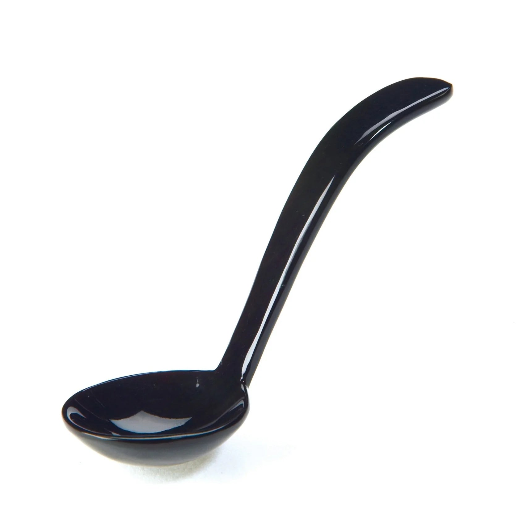 Black plastic serving ladle with a long, curved handle and a shallow, rounded bowl.