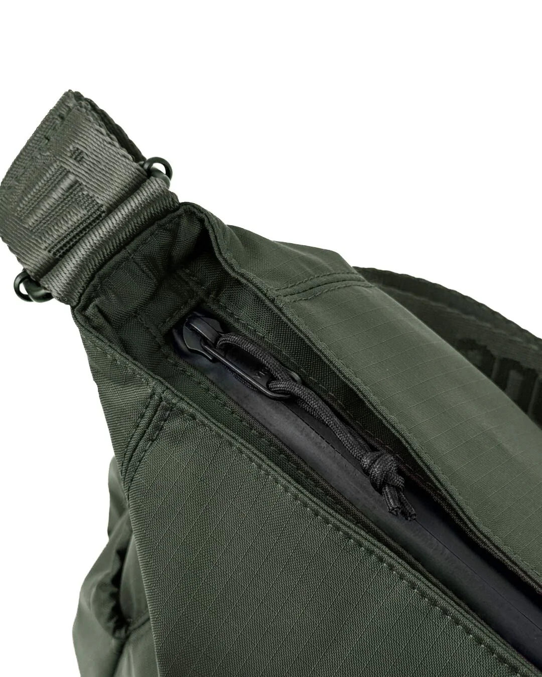 Close-up of a dark olive green shoulder bag's top, showing a zippered pocket and padded shoulder strap.