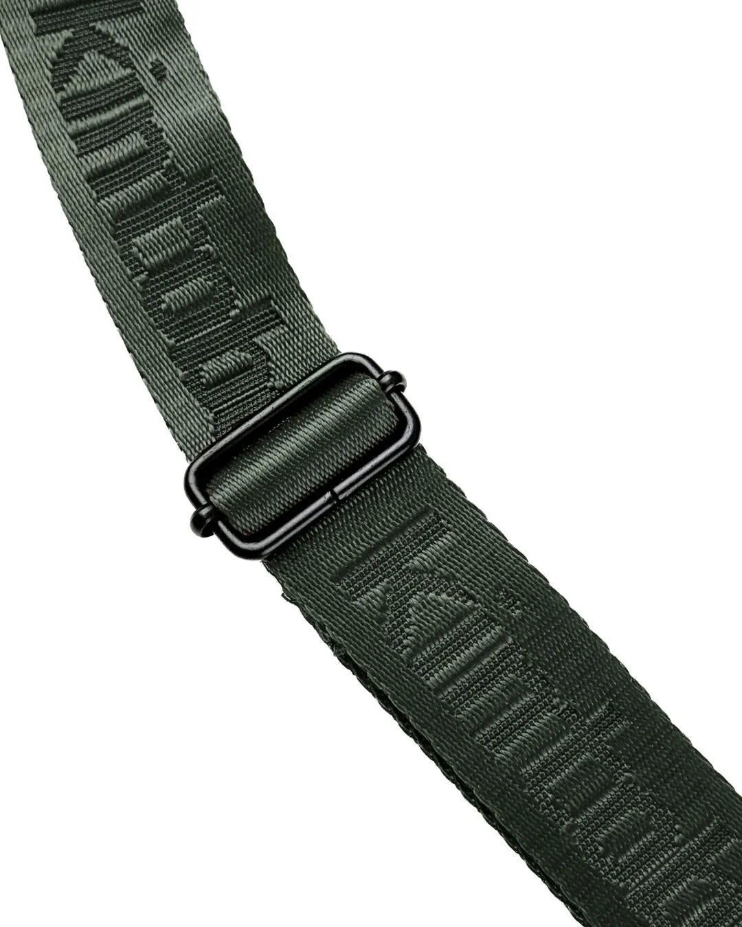 Dark green woven shoulder strap with black metal hardware. Repeated logo embossed on strap.