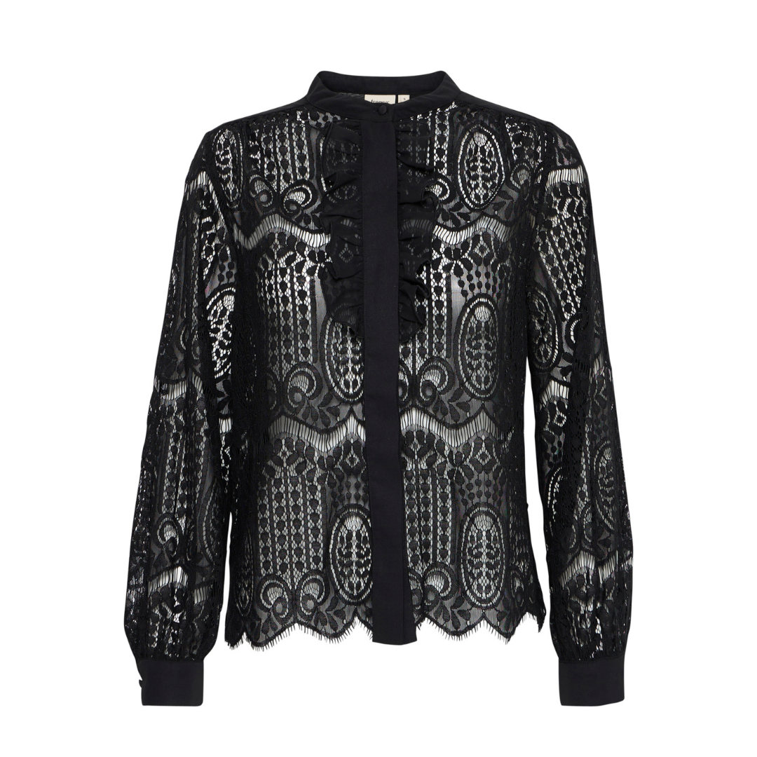 Black long-sleeve lace blouse with ruffled front and scalloped hem. Intricate paisley-inspired pattern.
