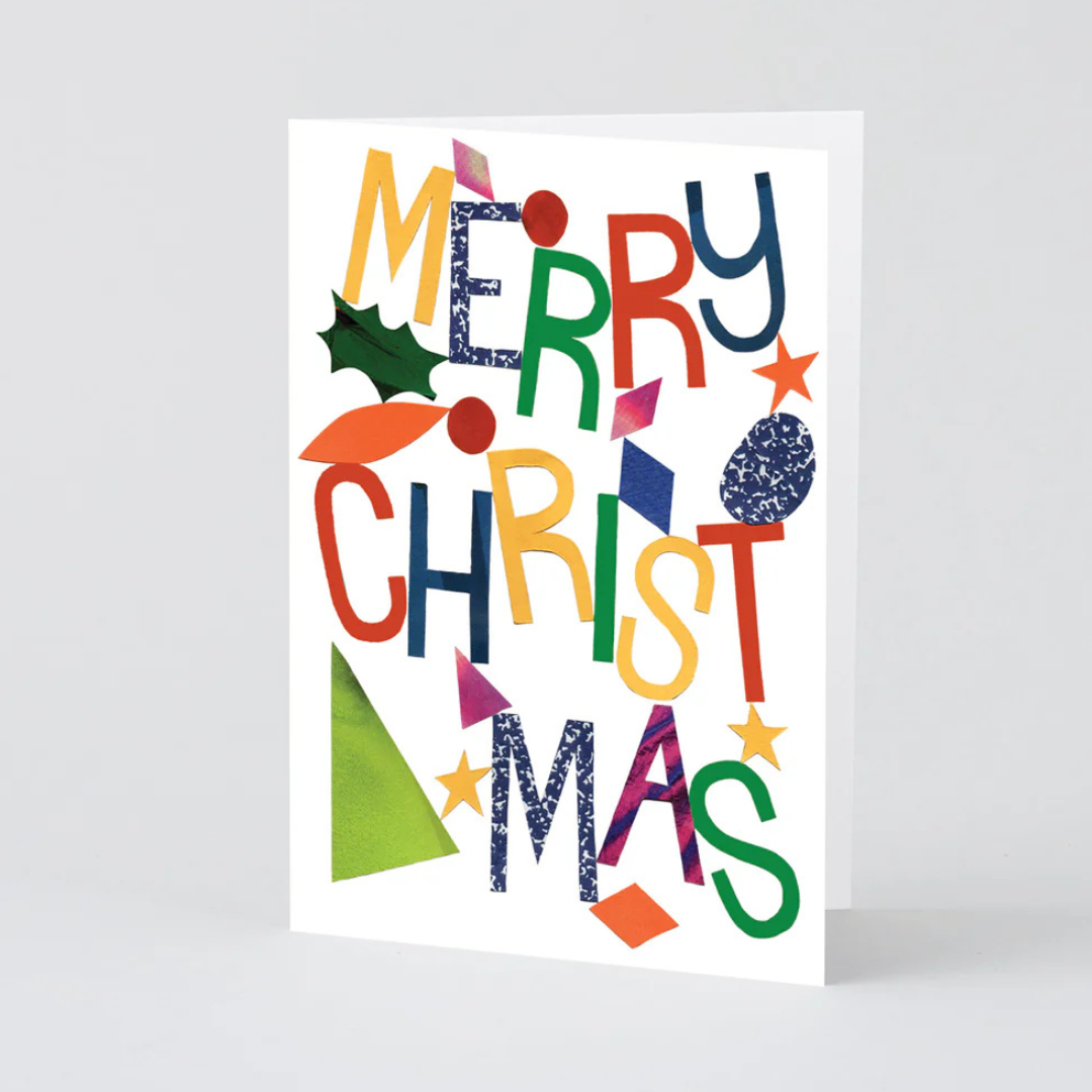 Colorful 'Merry Christmas' card with geometric shapes on a white background