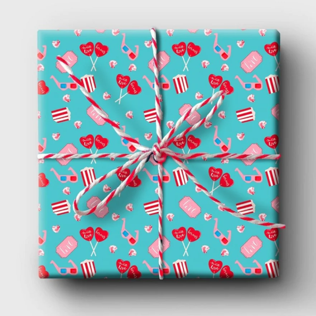 Square gift wrap featuring a teal background and a repeating pattern of popcorn, 3D glasses, movie tickets, and heart-shaped