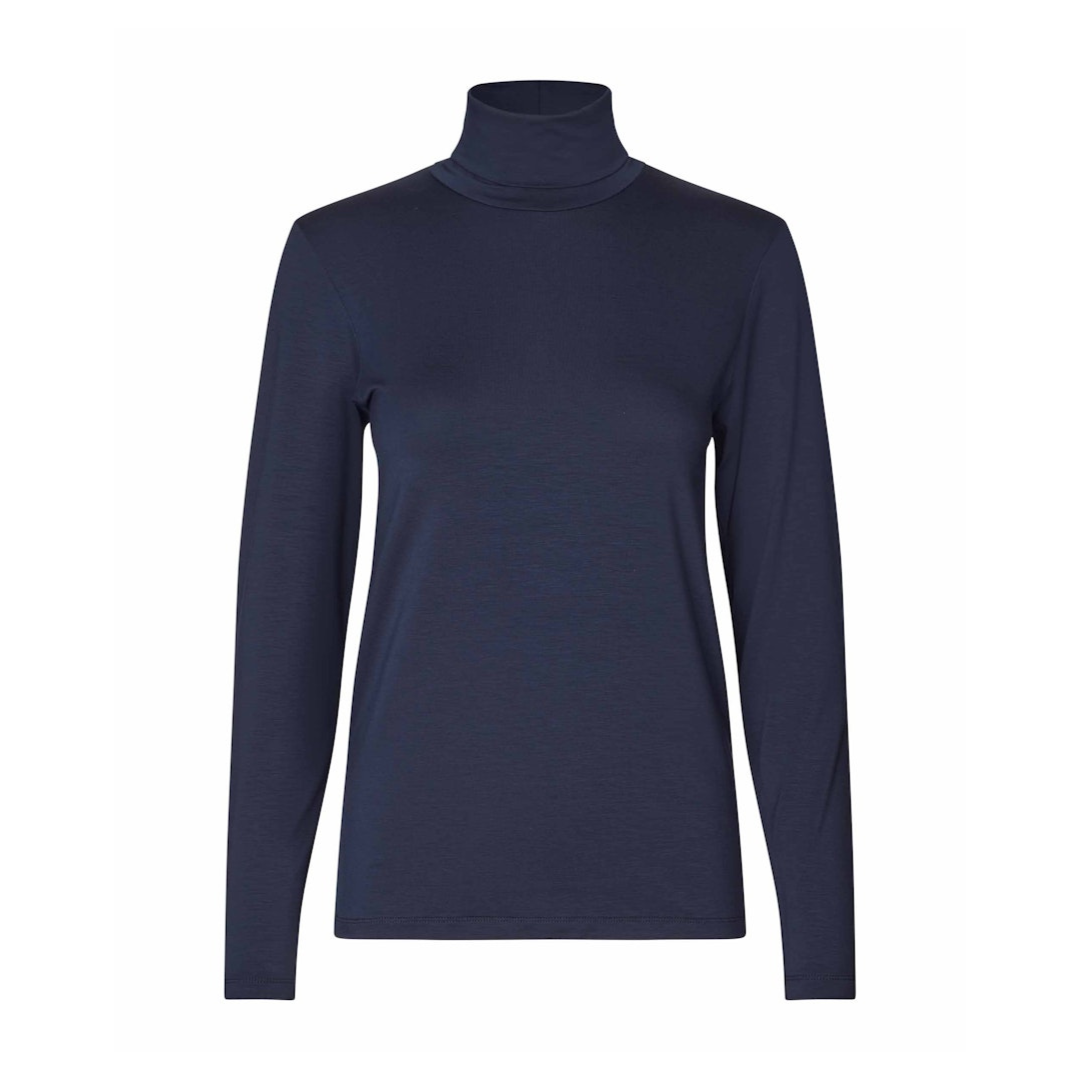 Navy blue turtleneck sweater on a white background