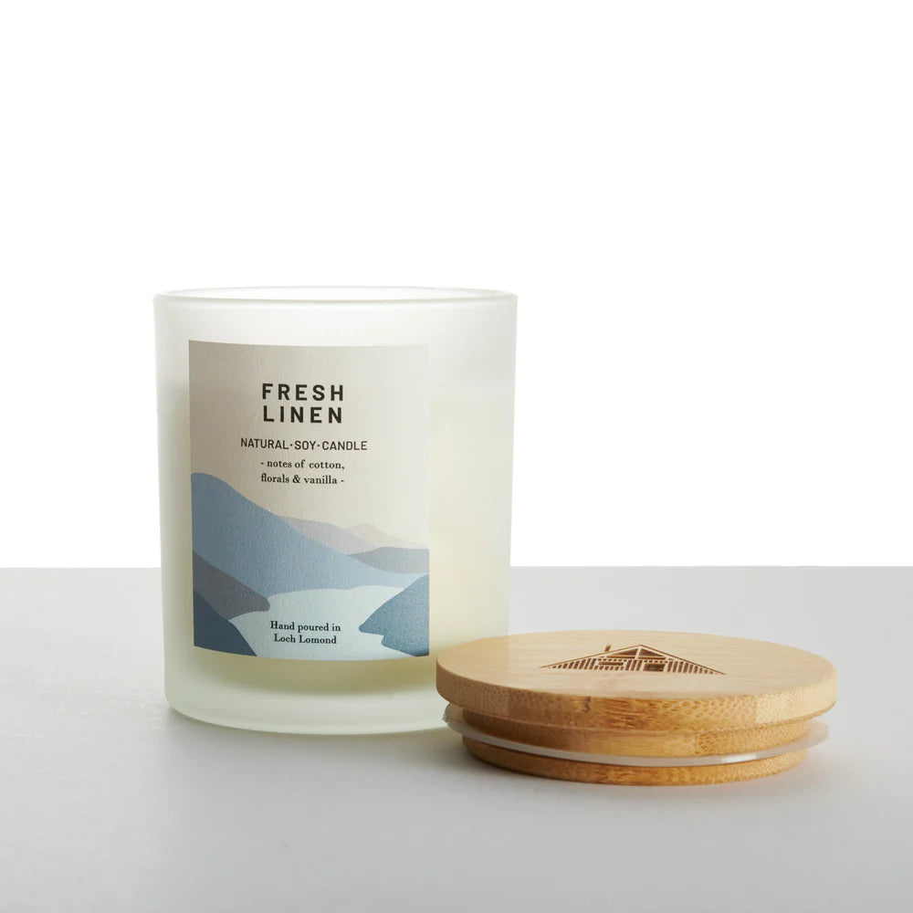 Frosted glass Fresh Linen natural soy candle with a bamboo lid.