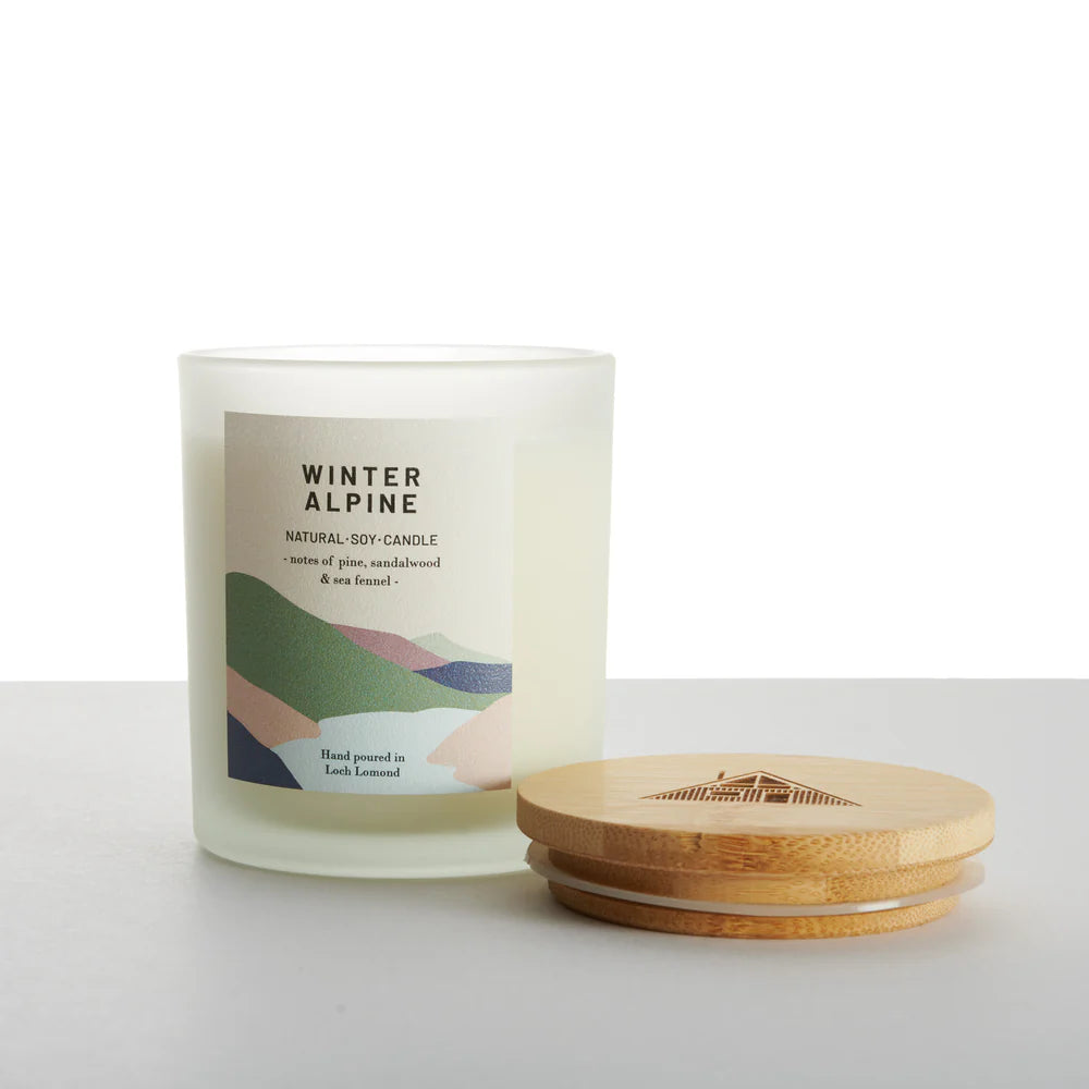 Frosted glass Winter Alpine soy candle with a wooden lid; notes of pine, sandalwood & sea fennel.