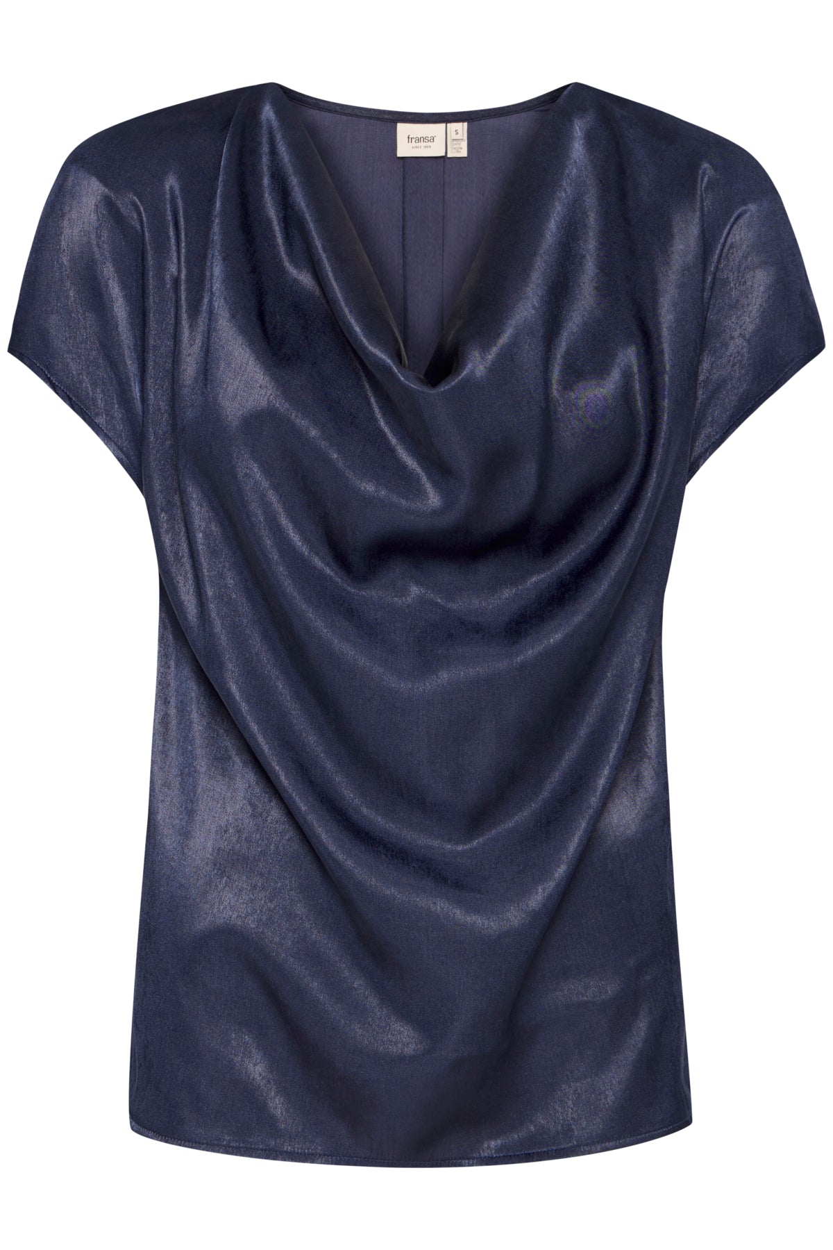 Dark blue cowl neck top with short sleeves, made from a lustrous, draped fabric.