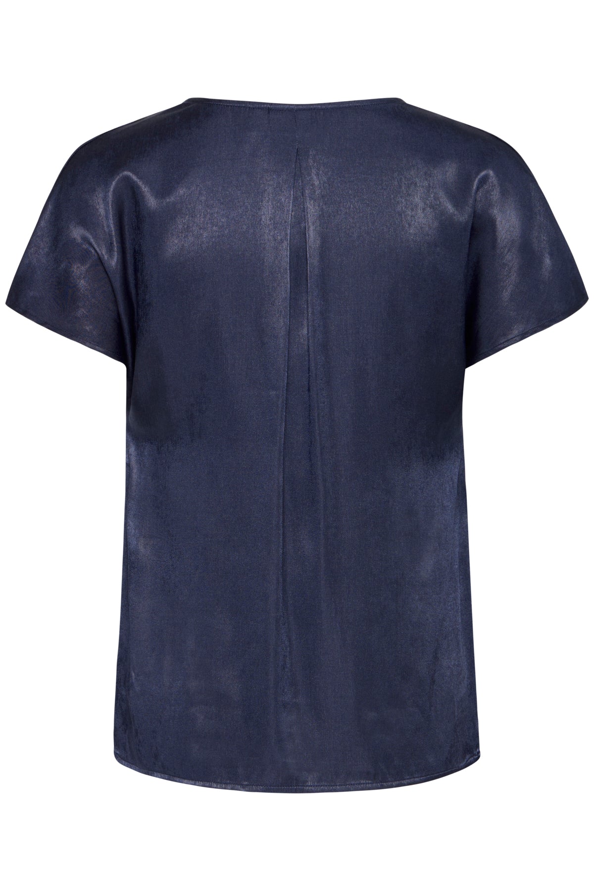 Dark navy blue short-sleeved satin top, viewed from the back, featuring a center back seam.