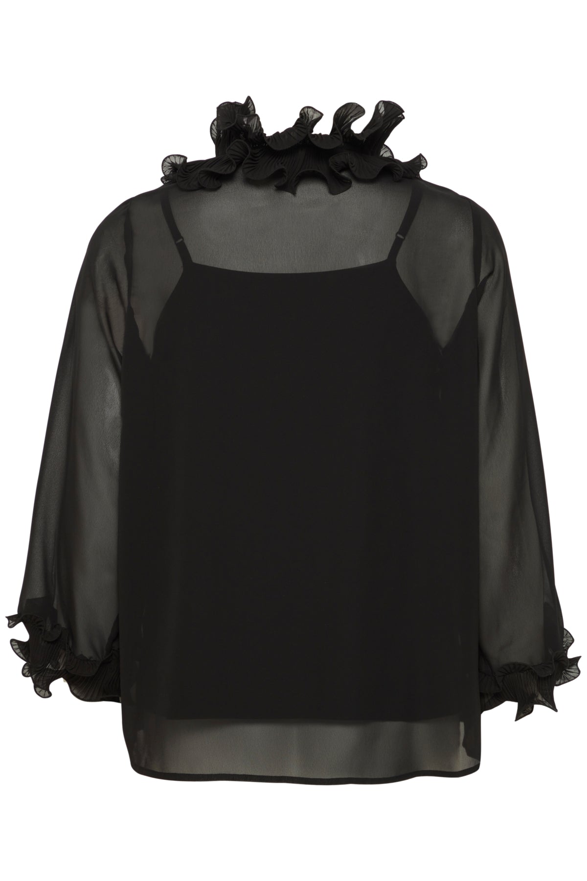 Black sheer blouse with ruffled high neck and cuffs, layered over a solid black camisole.