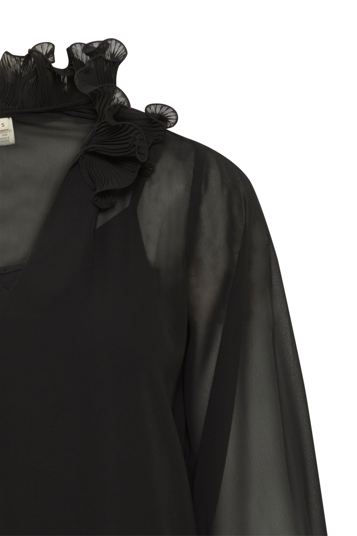 Black sheer blouse with pleated ruffle collar and long sleeves.  Underneath is a solid black v-neck top.