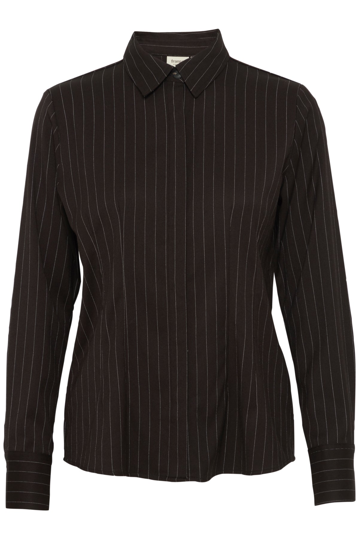 Dark brown, long-sleeved button-down shirt with thin white pinstripes.