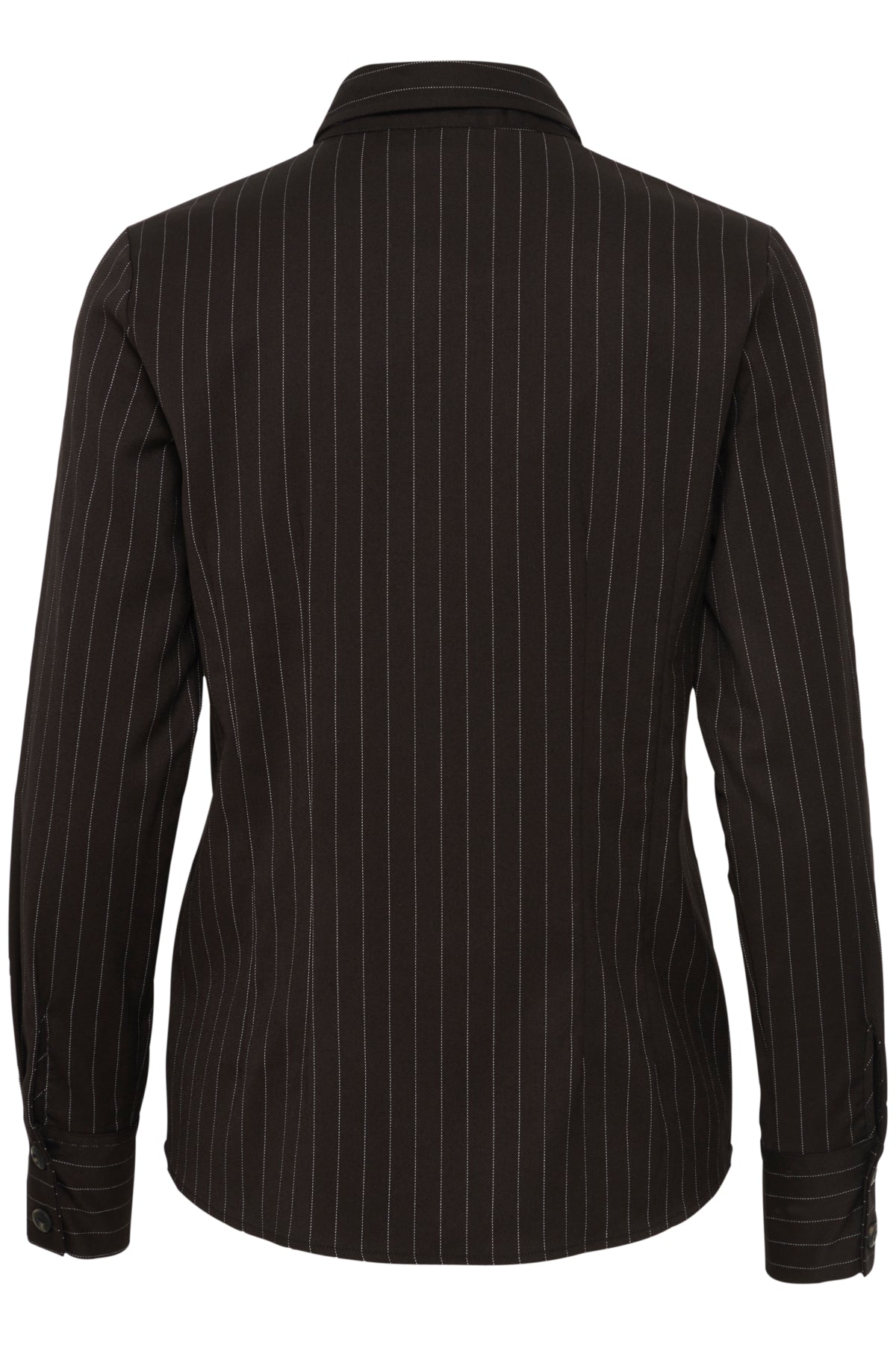 Dark brown pinstripe women's long-sleeve shirt, shown from the back.