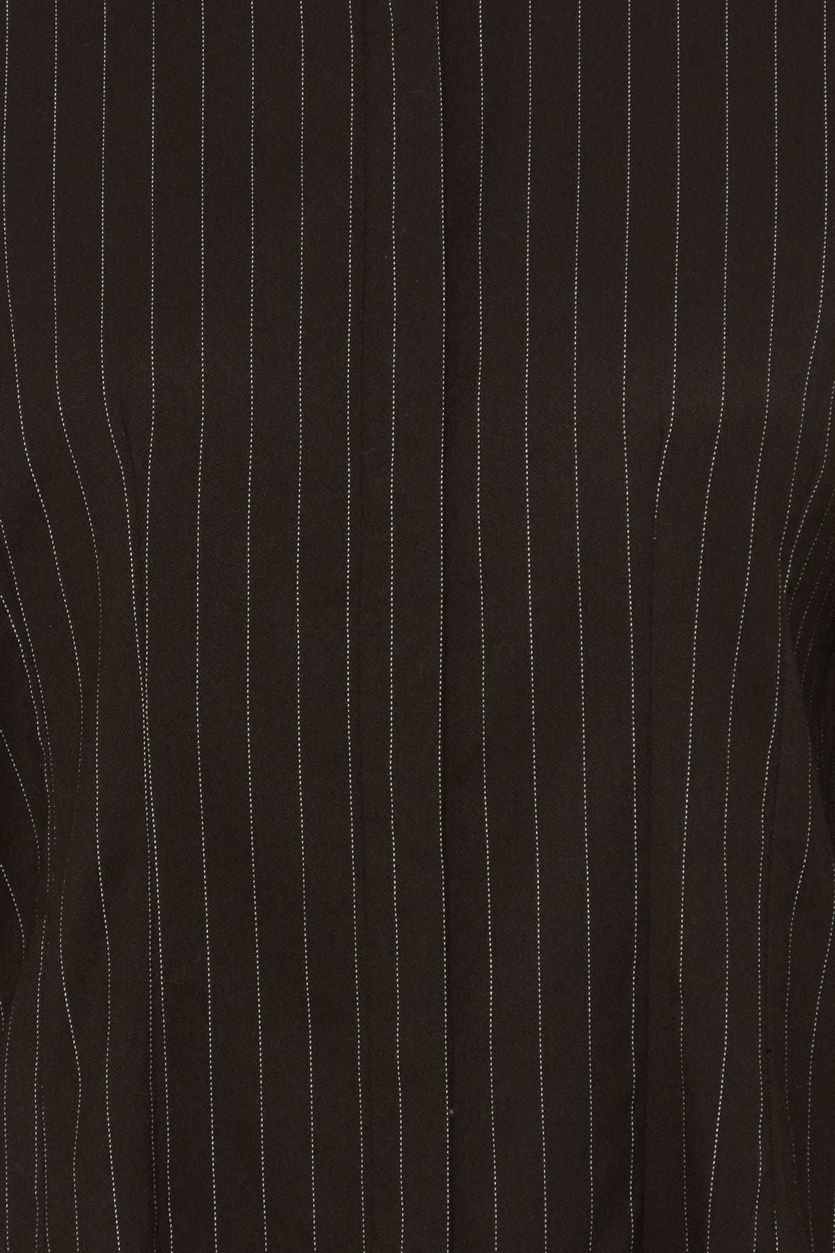 Close-up of dark brown fabric with thin, vertical white pinstripes.