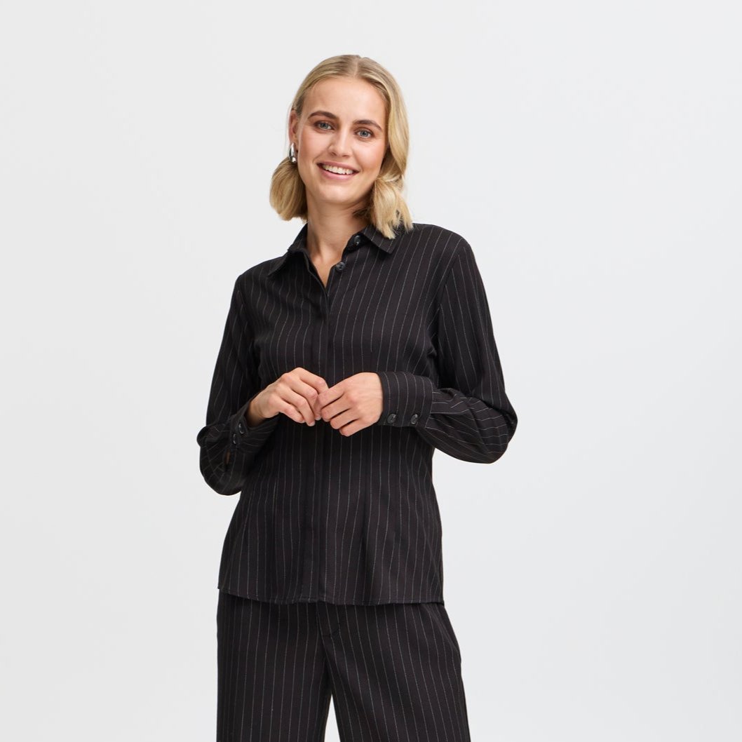 Black pinstripe long-sleeve shirt with a collared button-down front.