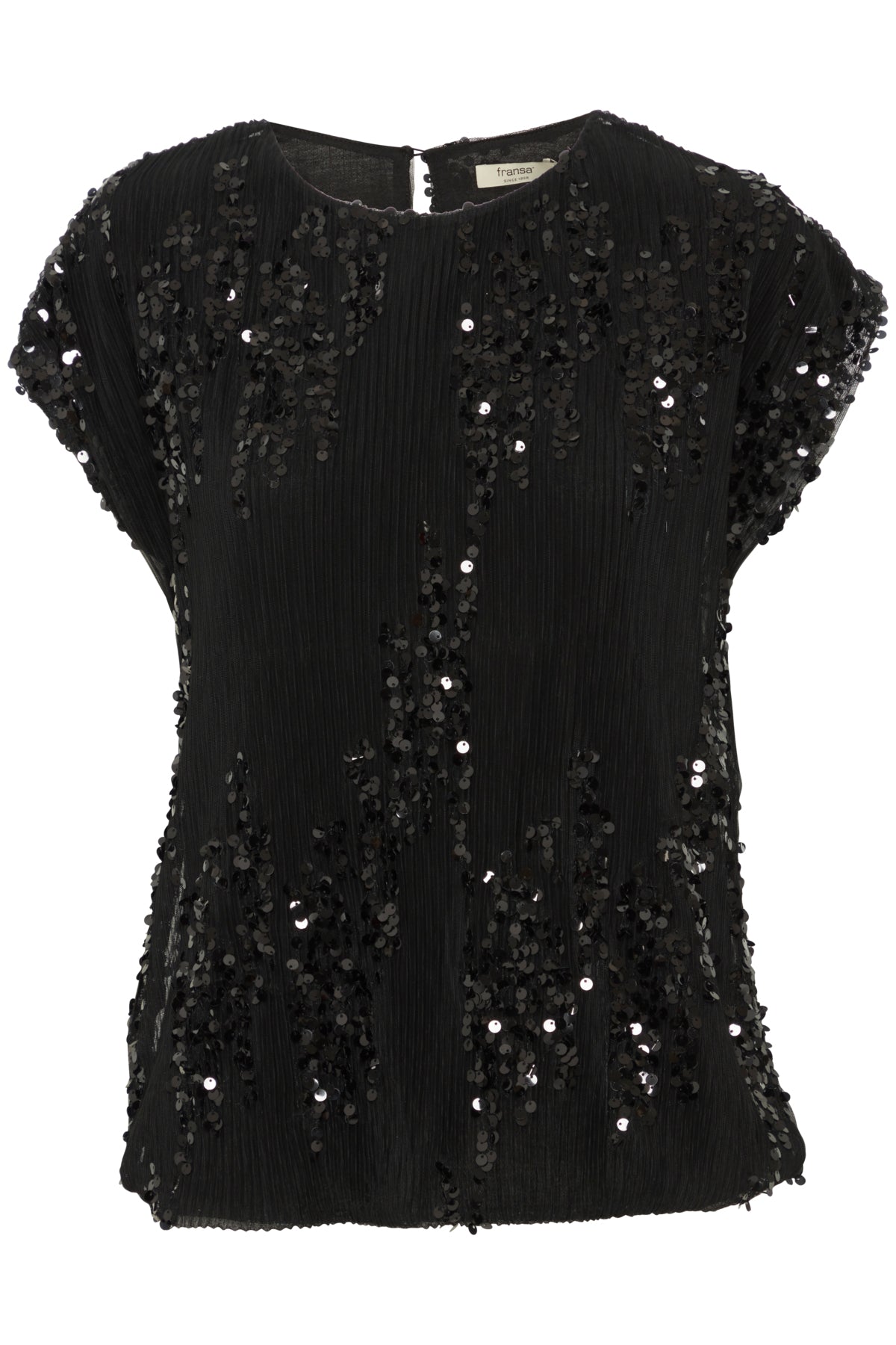 Black pleated sequined top with short sleeves. The sequins are clustered in vertical patterns across the garment.