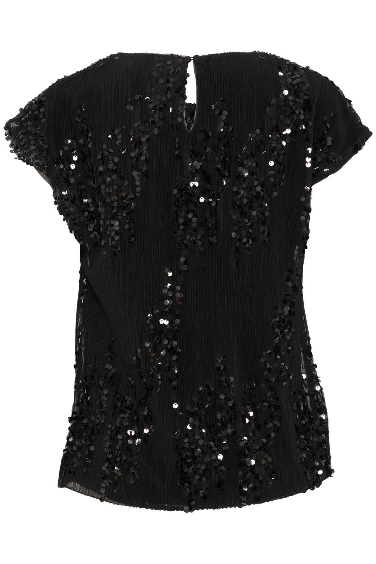 Black pleated sequined top with short sleeves. The sequins are arranged in a decorative pattern.