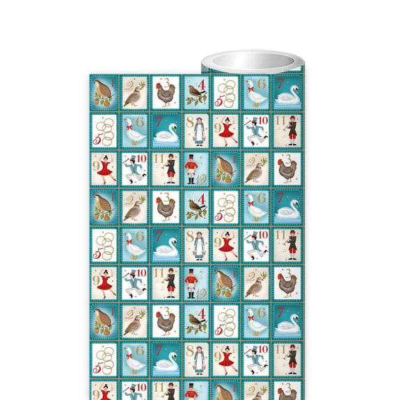 Teal Christmas wrapping paper roll featuring a repeating pattern of numbered squares with illustrations of birds, dancers,