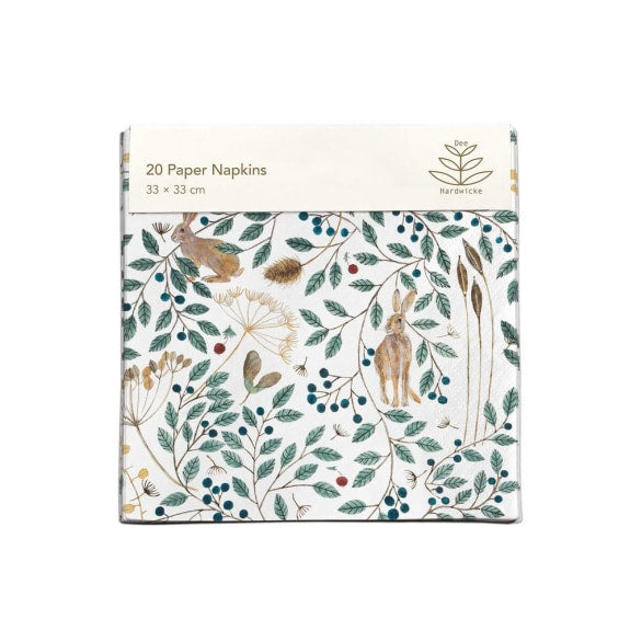 A pack of 20 paper napkins with a floral and animal design featuring hares and berries, predominantly in blue and green colors.