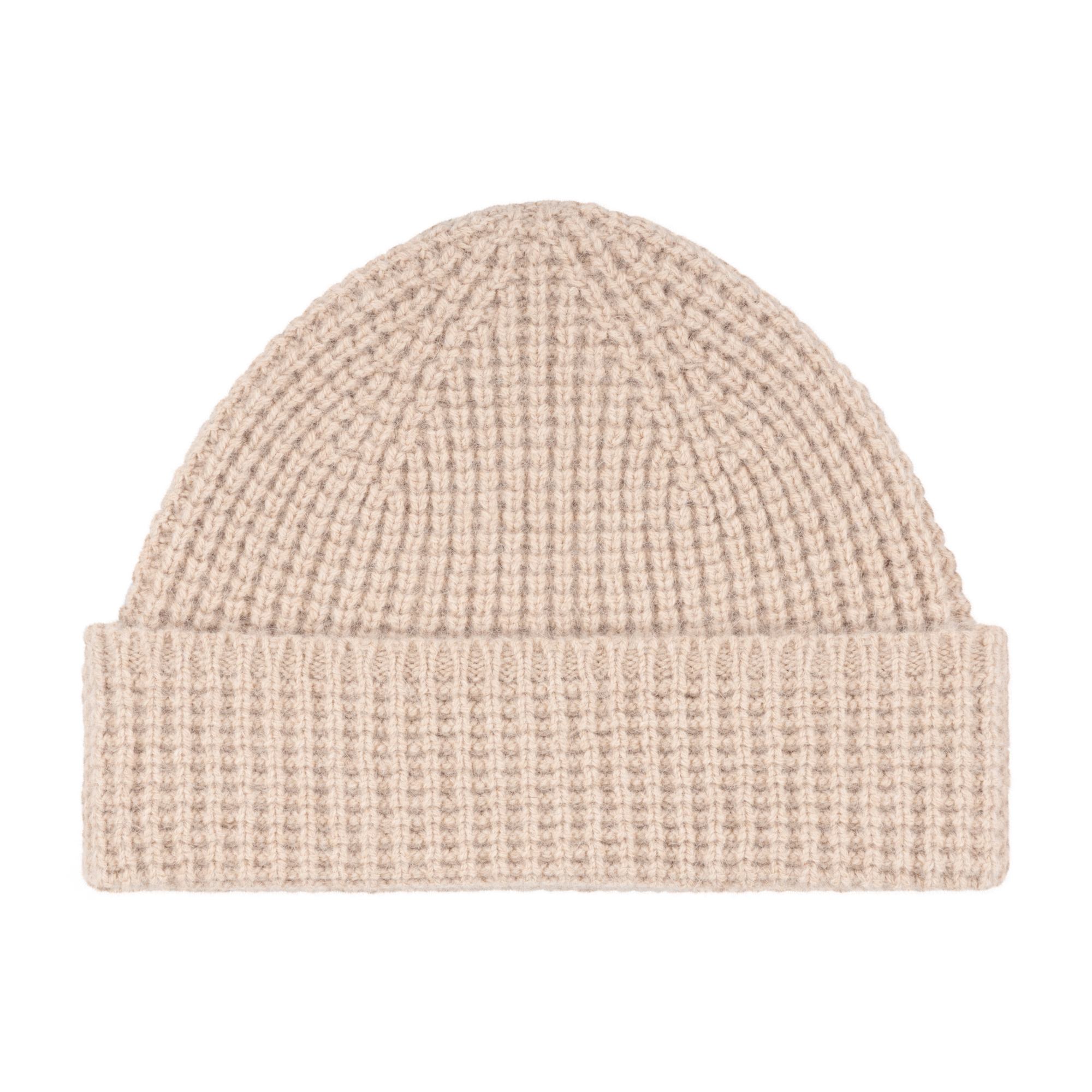 Beige ribbed knit beanie.  The hat is shown from the front, displaying its texture and simple design.