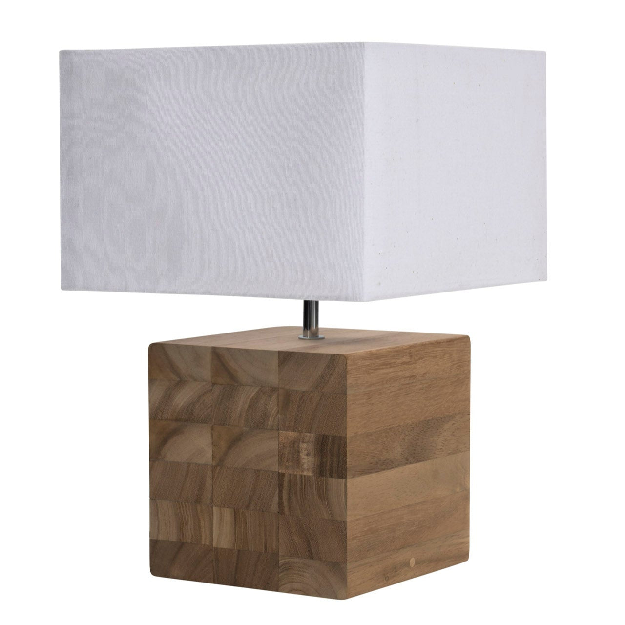 Modern table lamp with a white fabric shade and a cube-shaped wooden base composed of smaller wood blocks.