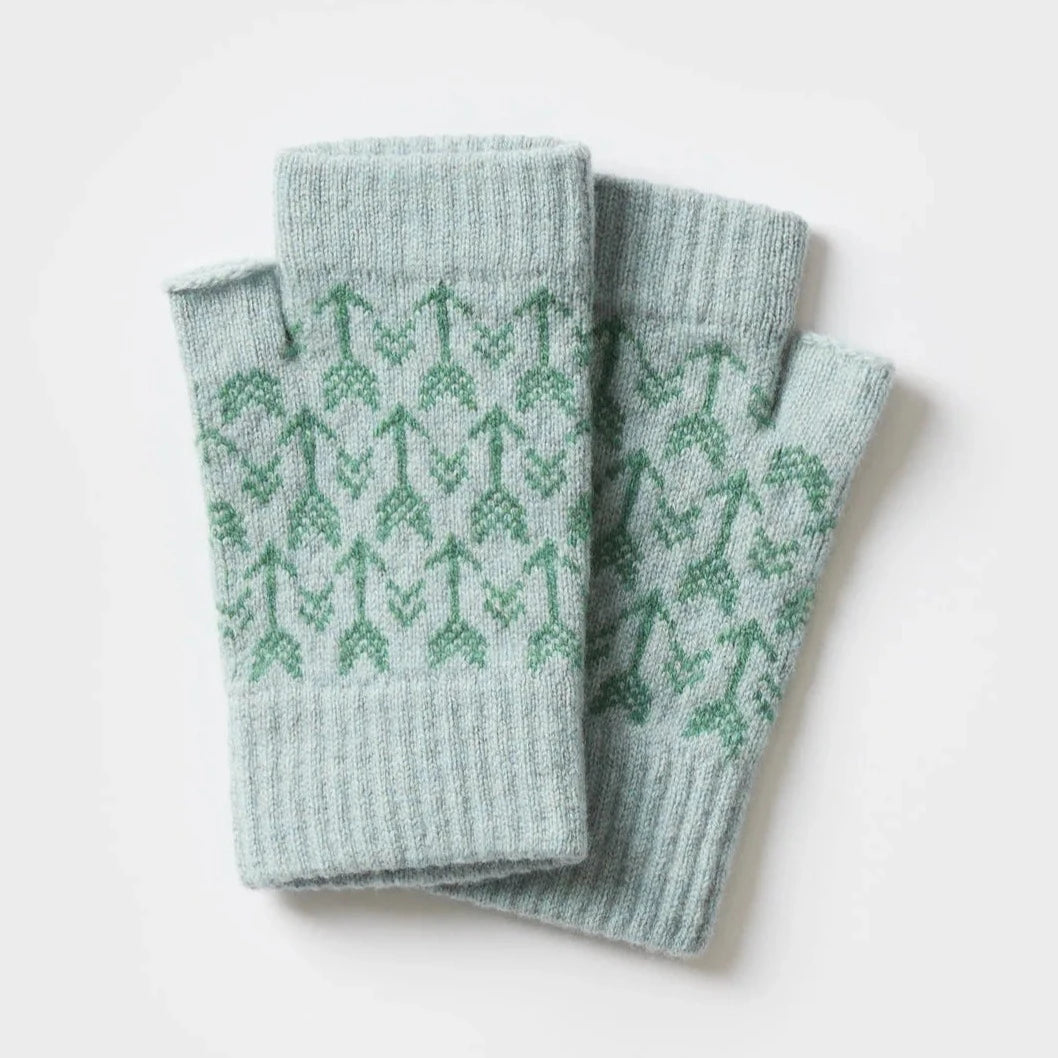 Pair of light blue fingerless gloves with a repeating green arrow pattern.