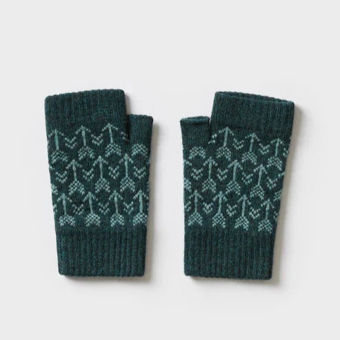 Pair of teal fingerless gloves with a repeating arrow pattern.