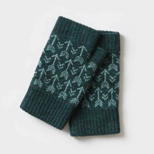 Pair of dark teal wool fingerless gloves with a lighter teal arrow pattern.