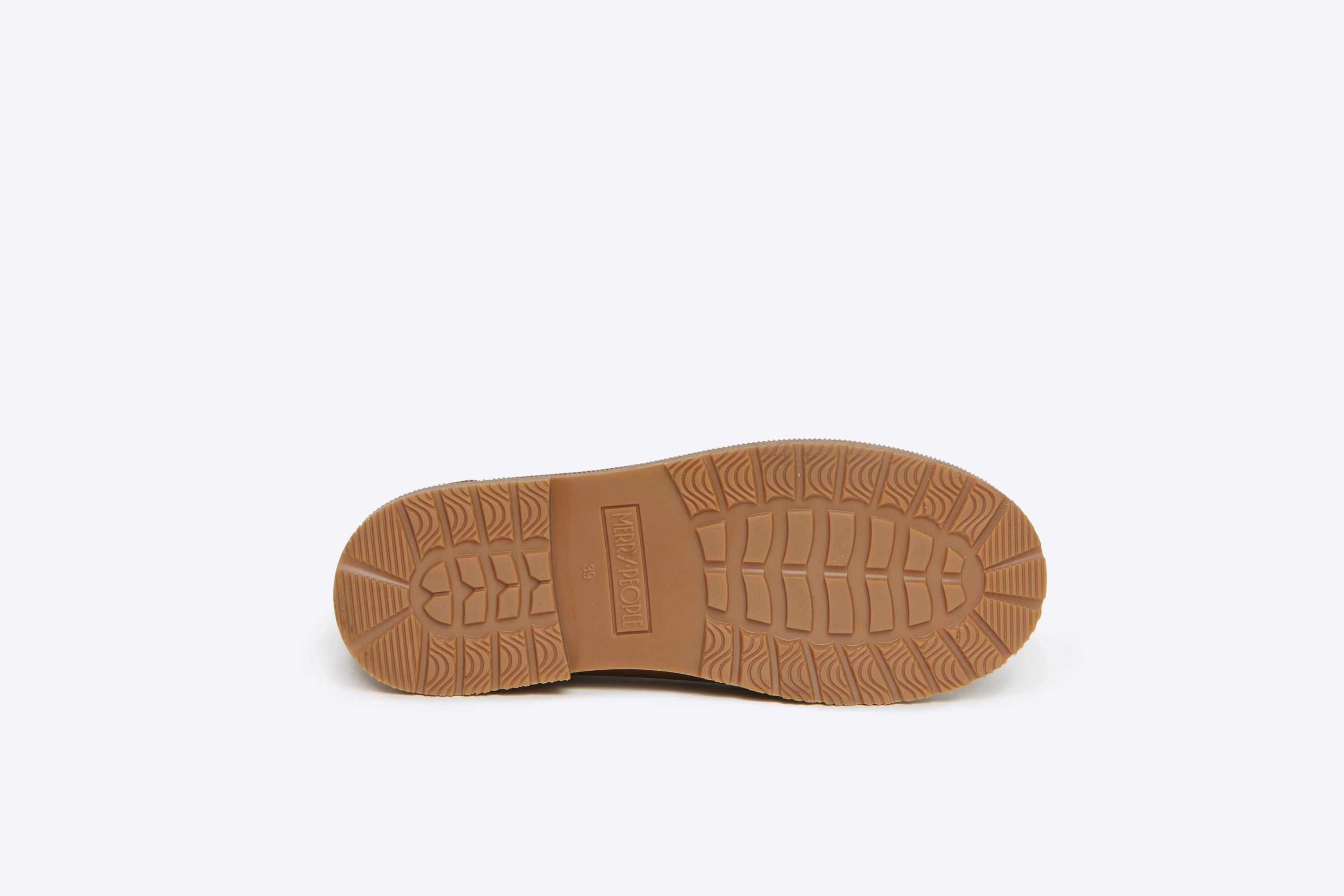 Brown shoe sole with a textured tread pattern and "Merry People" branding. Size 39 is visible.