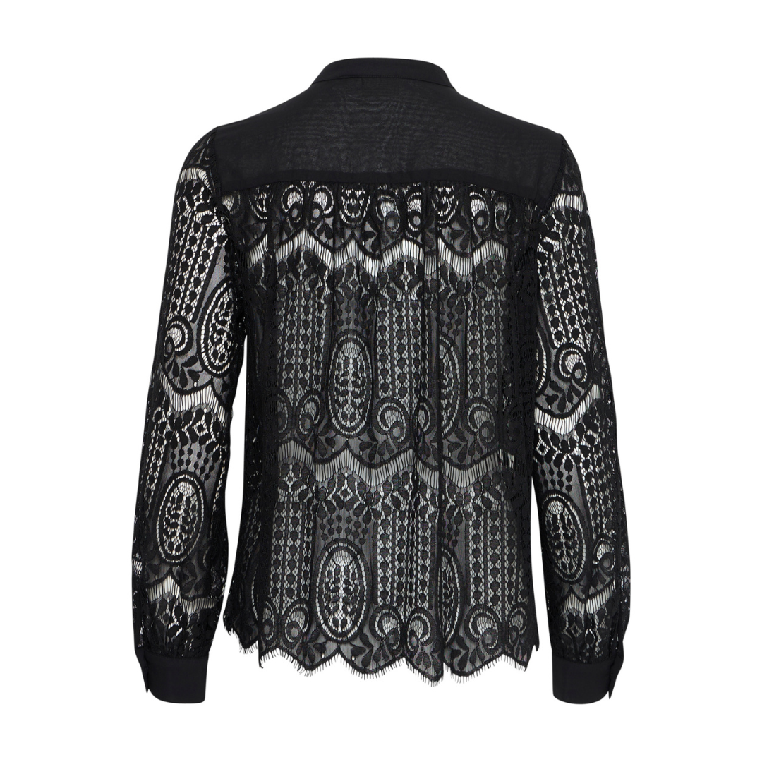 Black long-sleeve lace blouse with paisley pattern, collared neckline, and scalloped hem.