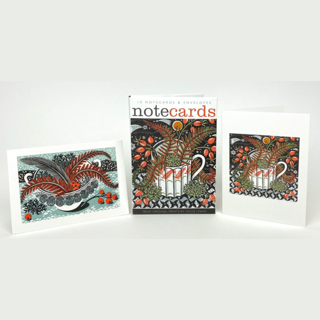 Set of ten notecards and envelopes featuring linocut prints of floral arrangements in vintage-style pitchers.