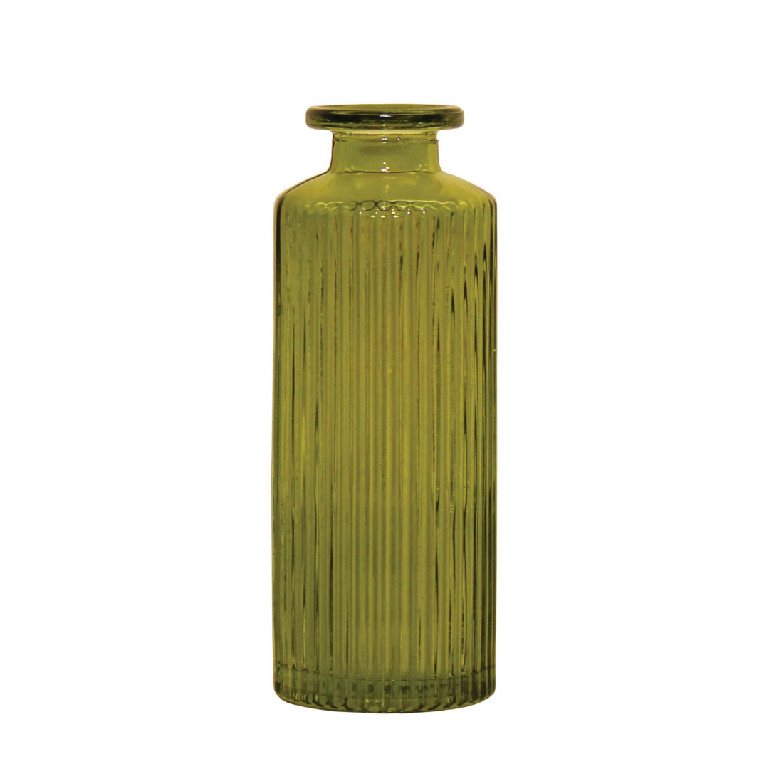Olive green glass vase with vertical ribbed texture.