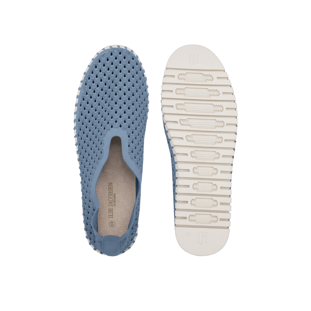 Ilse Jacobsen Hornbæk slip-on shoes, dusty blue, textured knit upper, cream sole with patterned tread. Top & bottom views shown.
