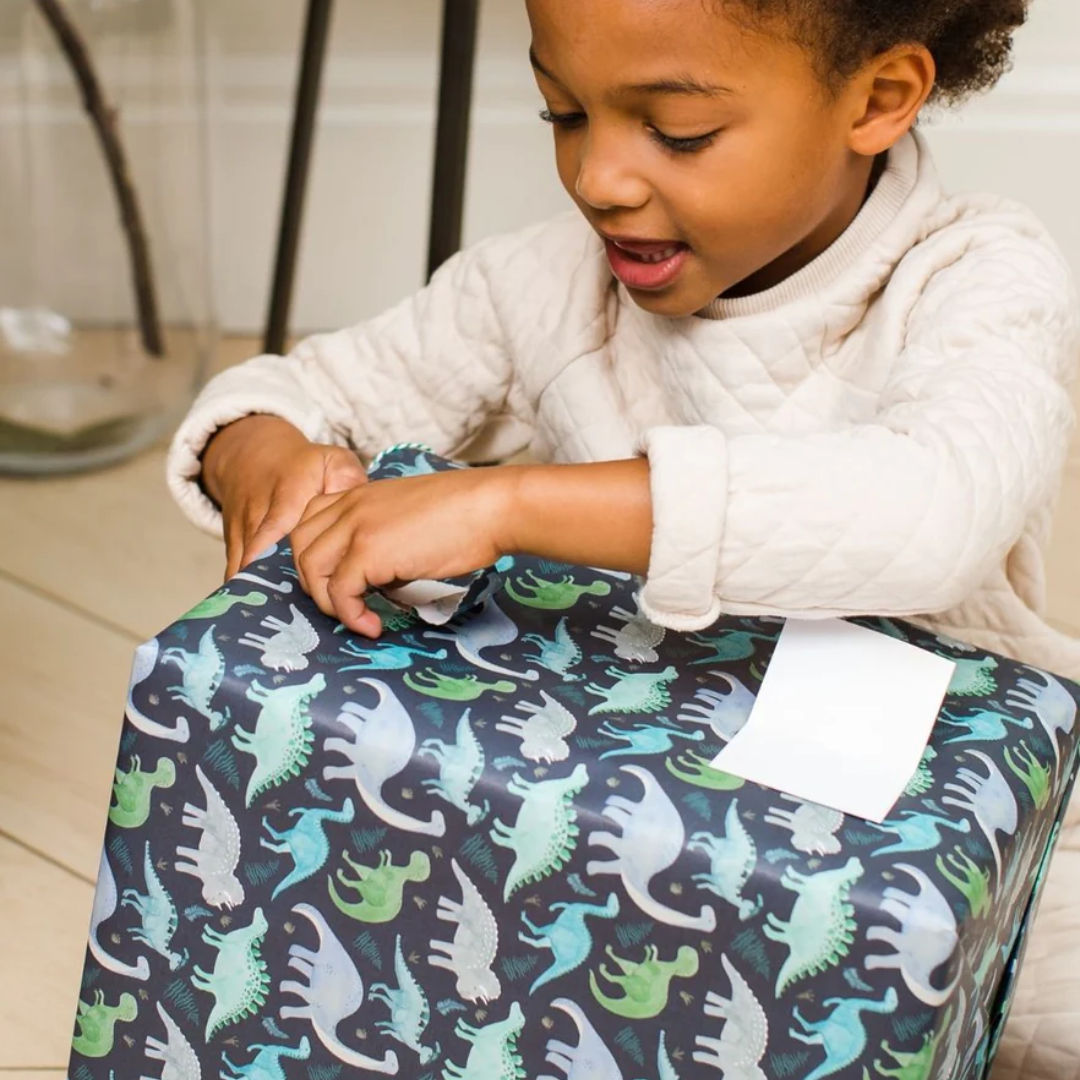 Gift wrapped in dark-grey paper featuring a repeating pattern of teal and green dinosaurs.