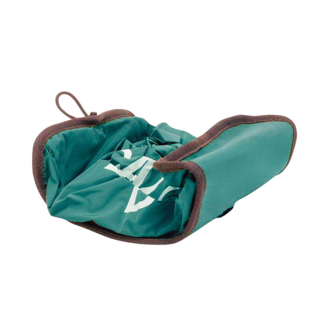 Teal drawstring bag with brown trim and partially visible white logo.