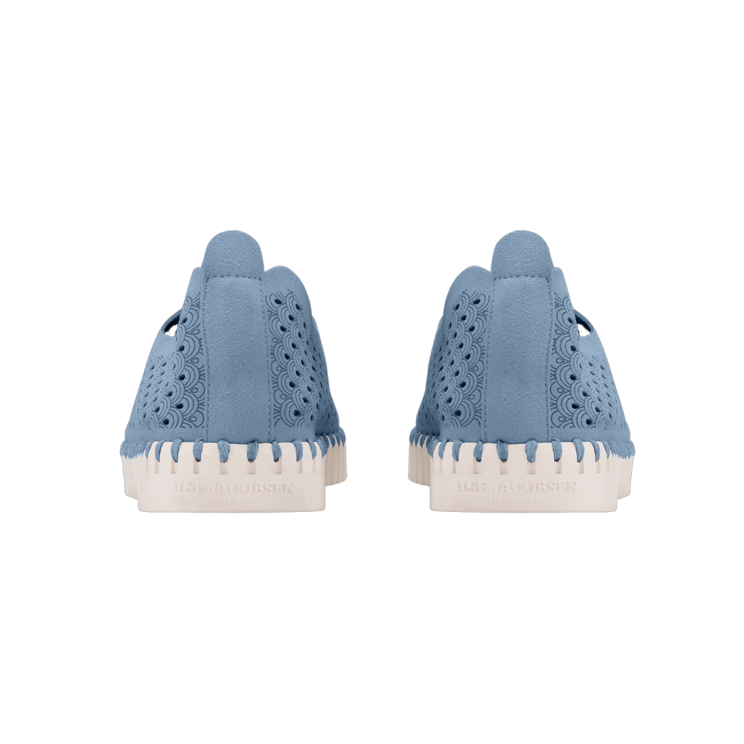 Ilse Jacobsen Hornbæk blue suede slip-on shoes with laser-cut detailing and cream sole.