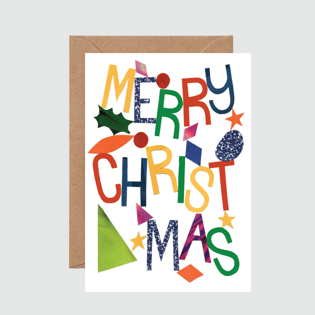 Colorful 'Merry Christmas' card with decorative elements on a white background