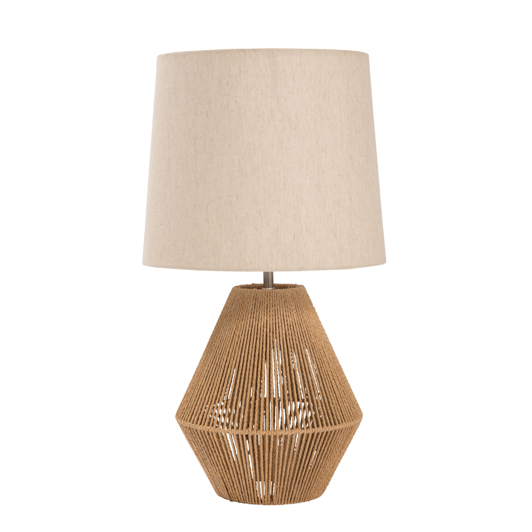 Table lamp with beige linen shade and a light brown rope base. The base is geometric, resembling a faceted gemstone.