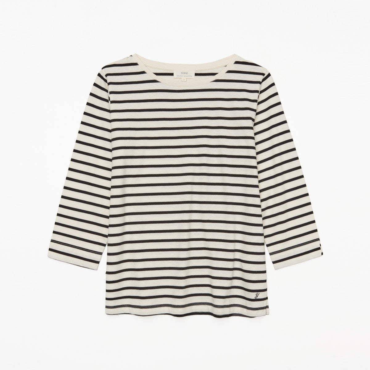 Cream-colored, three-quarter sleeve shirt with thin, dark brown horizontal stripes.