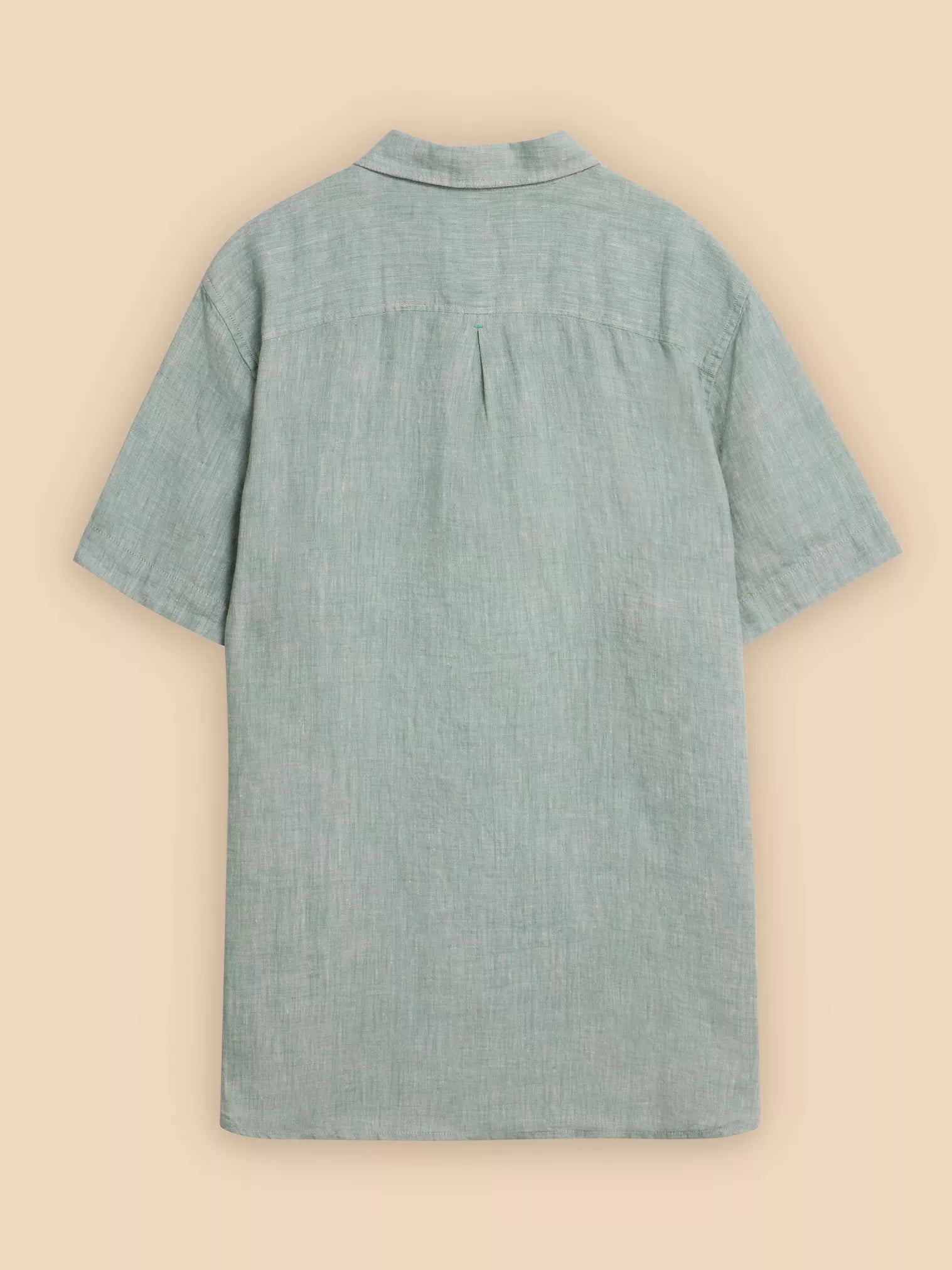 Seafoam green linen short-sleeve collared shirt, viewed from the back. The shirt has a button placket.