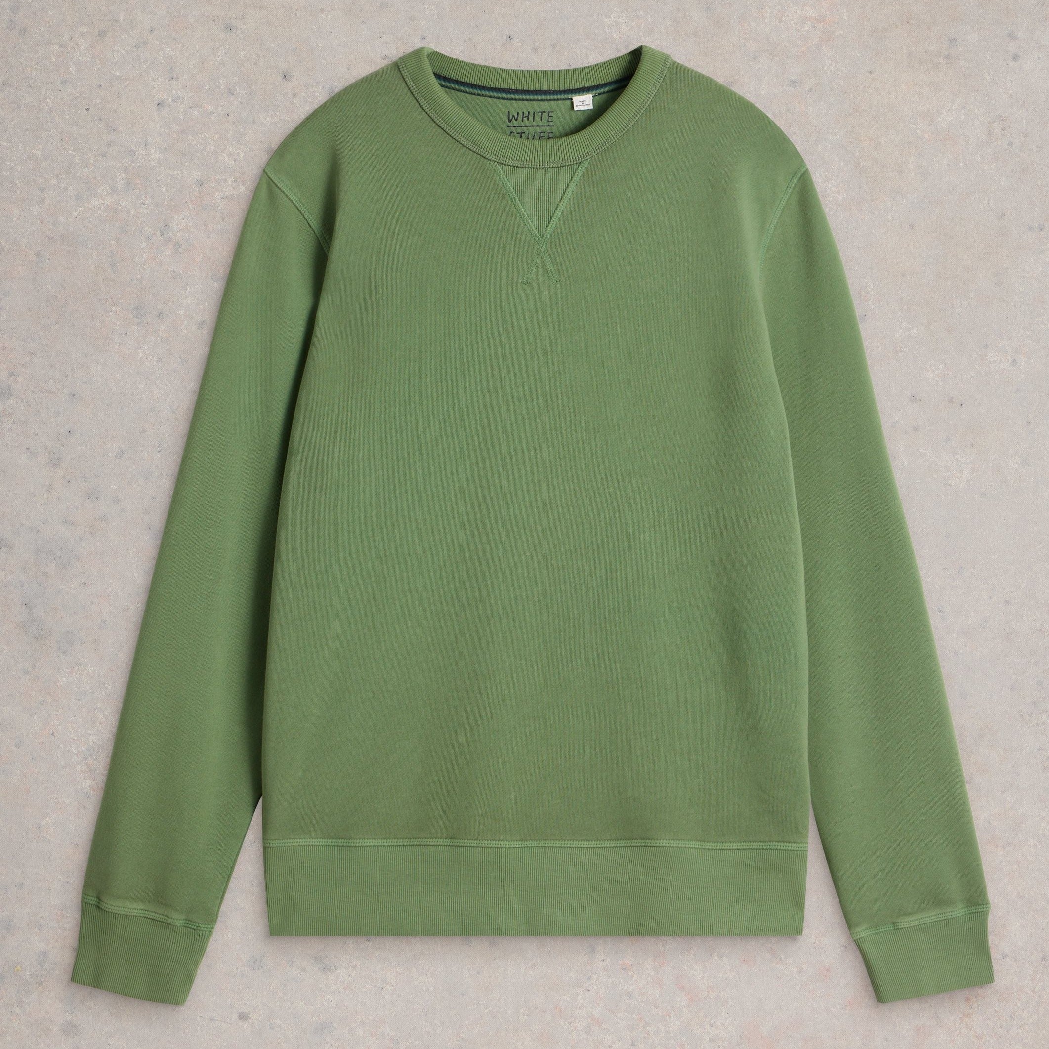 Olive green crewneck sweatshirt with long sleeves and ribbed cuffs and hem.