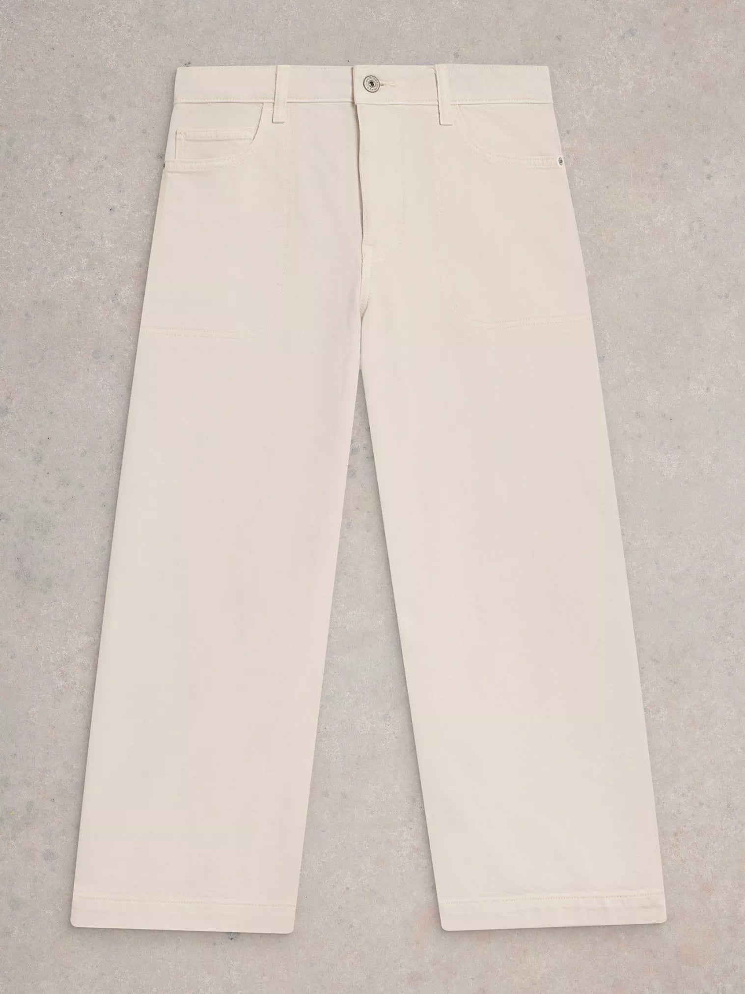 Off-white wide-leg cropped pants with front pockets and a button closure.