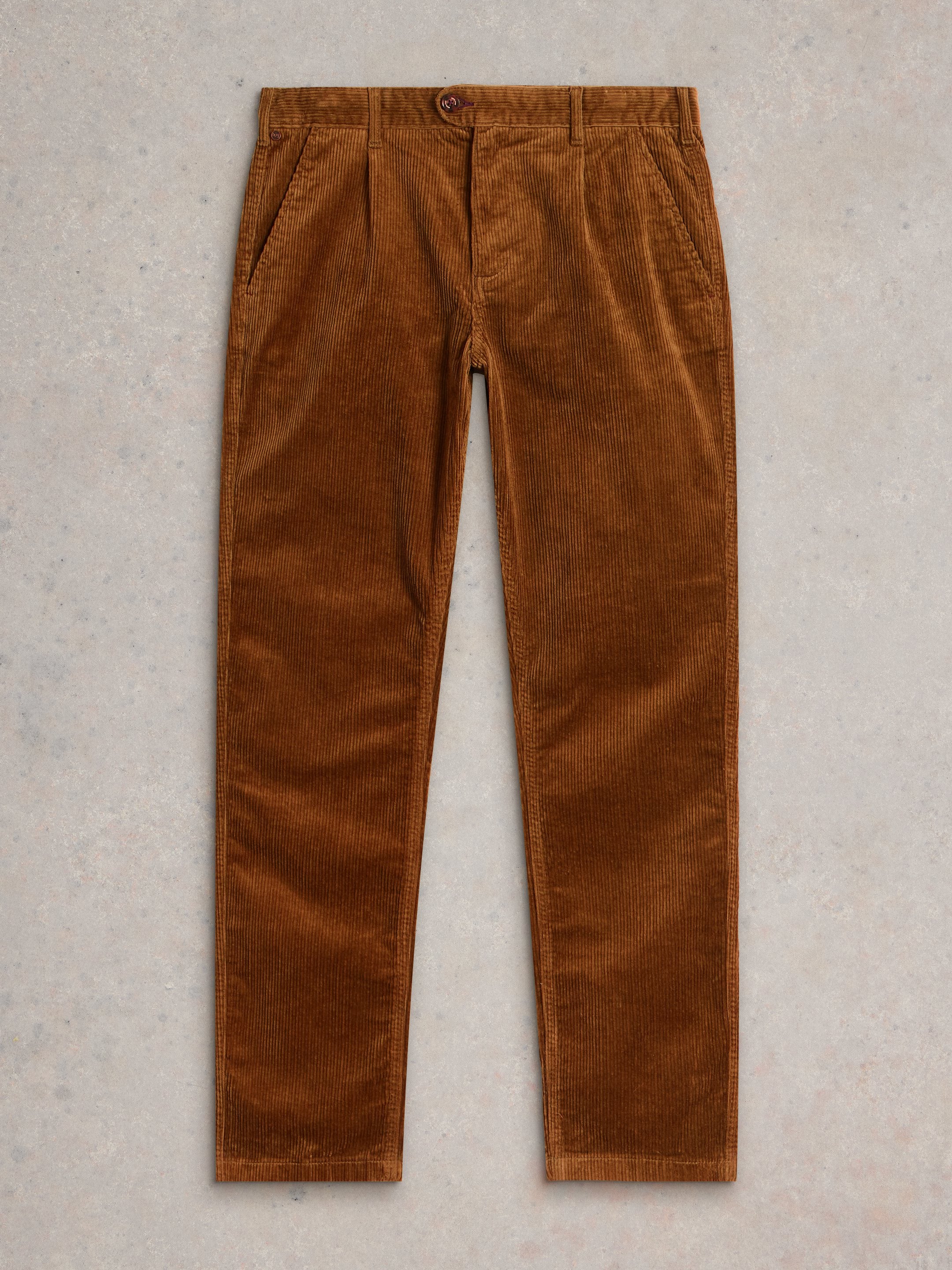 Brown corduroy pants on a light gray background