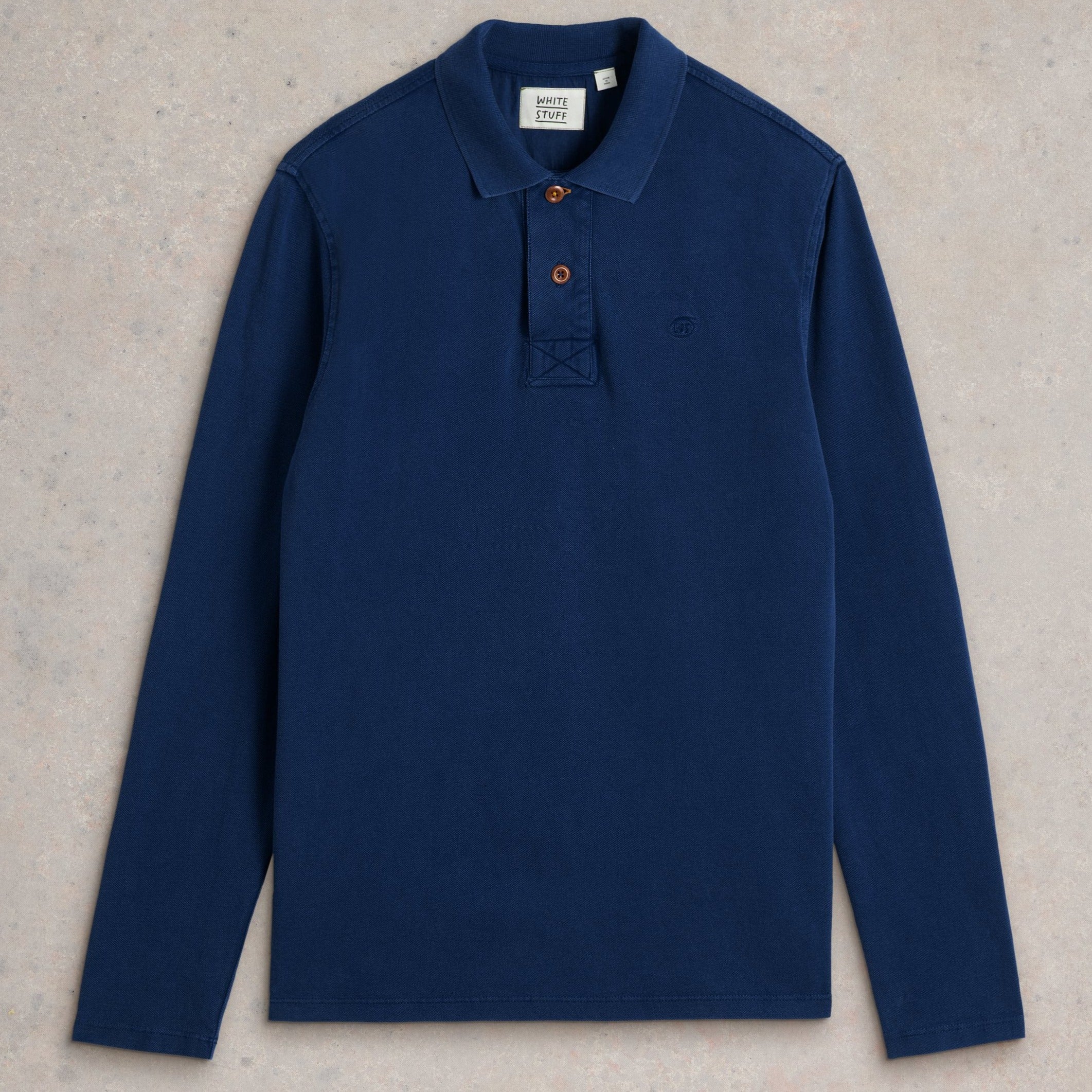 Navy blue long-sleeve polo shirt with a small embroidered logo on the chest.