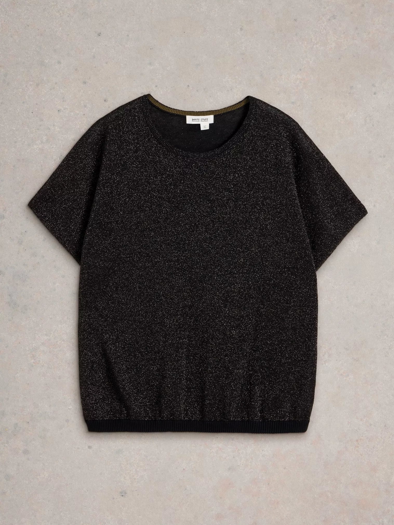 Black glitter short-sleeved knit top with a round neckline and banded hem.